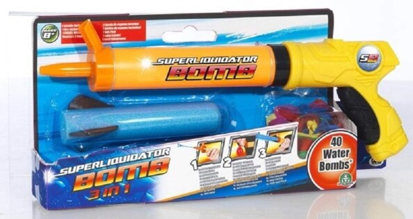 Pistolet à eau avec fonction jet d'eau, lanceur de bombes à eau et propulseur de fusée dans son packaging coloré