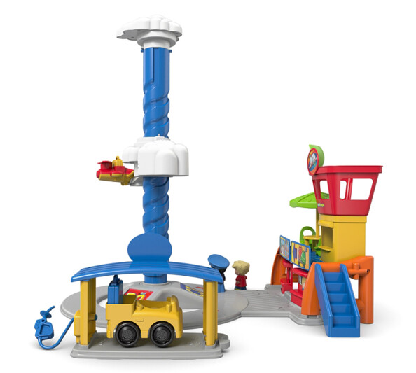 Petite voiture jaune et bleue de ravitaillement en kérosène avec pompe pour faire semblant de remplir l'avion d'essence avant de le faire voler au-dessus des faux nuages