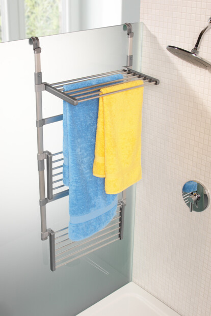 Étendoir à linge pour douche - 3 étages Ruco. Permet de laisser s'égoutter du linge trempé directement dans la douche / baignoire.