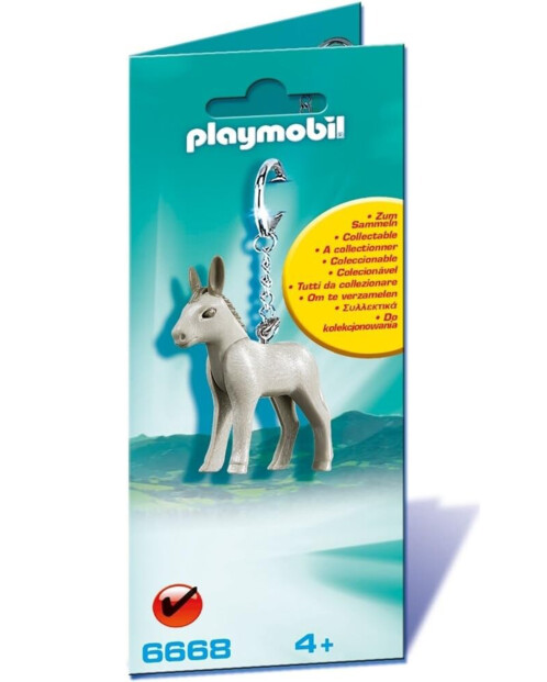 Figurine Playmobil 6668 ânon avec tête articulée en porte-clés à collectionner accrochée à son emballage cartonné