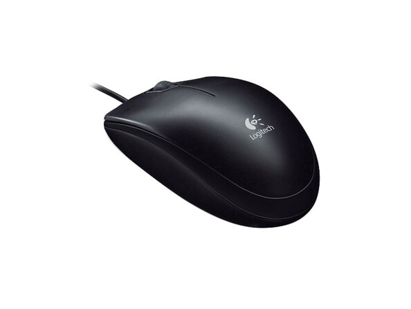 Souris filaire coloris noir pour droitier et gaucher avec logo Logitech blanc, clic droit, clic gauche et molette de défilement sur le dessus et câble USB intégré