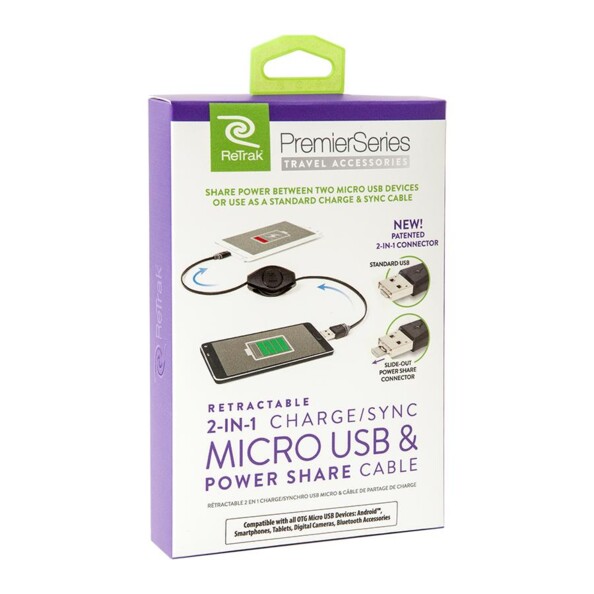 Packaging du câble Micro-USB vers USB PowerShare noir Retrak.