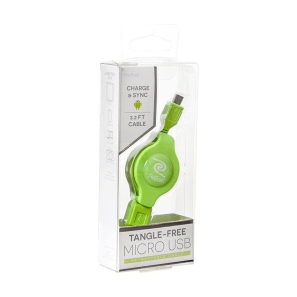 Packaging du câble USB vers Micro-USB rétractable vert Retrak.