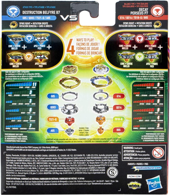 Présentations en détails de deux toupies Beyblade Decay Perseus et Destruction Belfyre