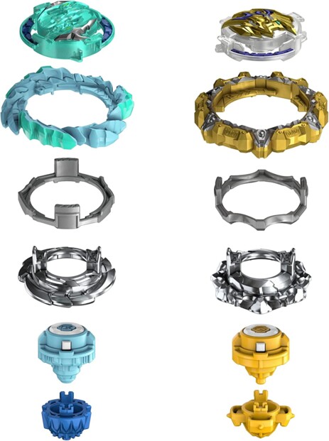Présentation des différents anneaux des toupies toupies Beyblade Magma Roktavor et Gilded Balderov