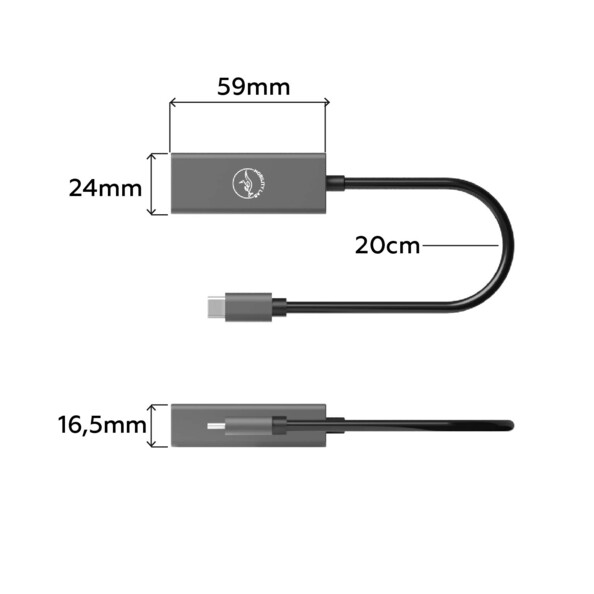 Adaptateur Ethernet RJ45 vers USB-C coloris noir et gris Mobility Lab avec dimensions de longueur, de largeur, d'épaisseur et de longueur du câble annotées