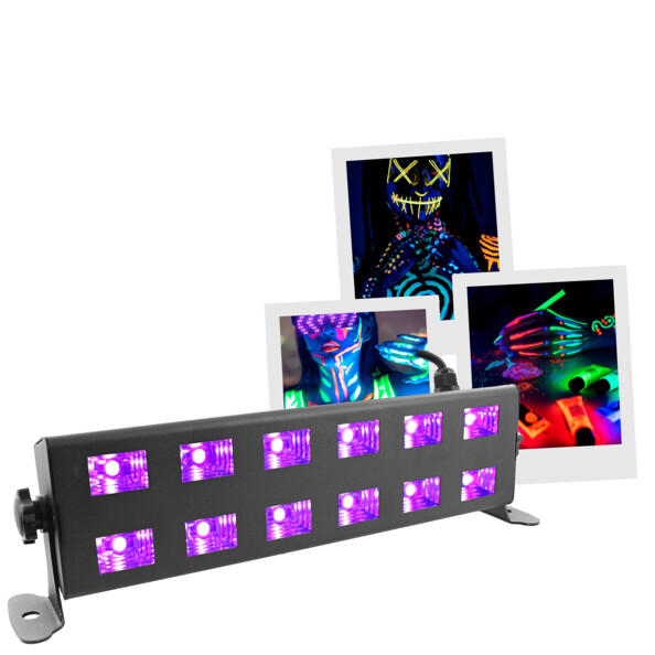 BoomtoneDJ UV LED BAR 12X1W est une barre équipée de deux rangées de 6 LED UV