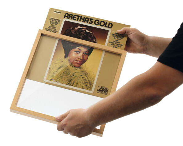 Cadre interchangeable pour vinyle de couleur bois avec panneau de polystyrène pour protéger le disque