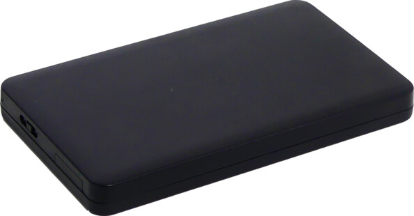 Calculatrice repliée en un boîtier noir rectangulaire compact verrouillé