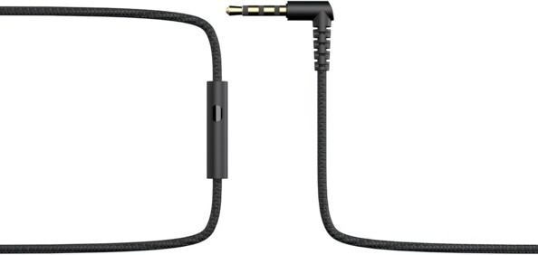Zoom sur le câble jack en nylon tressé noir du casque avec connecteur jack mâle 3,5 mm et boîtier de commande avec bouton Play/Pause et microphone intégré