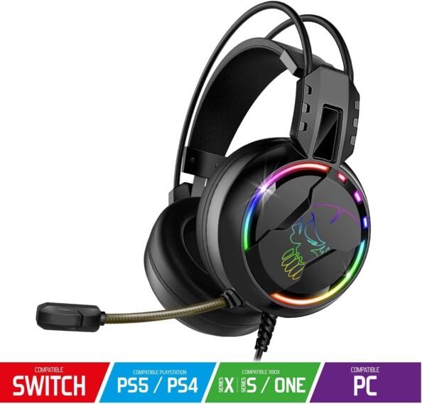 Micro-casque gaming filaire avec microphone à réduction de bruit flexible avec bandeau de compatibilité en quatre couleurs : rouge pour nintendo switch, bleu pour PS4/PS5, vert pour XBOX ONE/X/S et violet pour PC