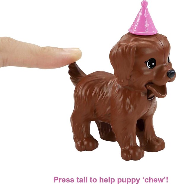 Le chiot mâchouille lorsqu'on appuie sur sa queue