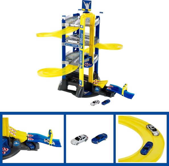 Garage comprenant des voitures, un pont basculant et une rampe d'arrivée