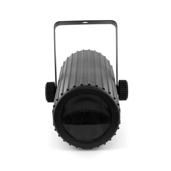 Effet à LED cylindrique coloris noir avec lentille d'éclairage à l'avant et poignée de support mural sur le dessus