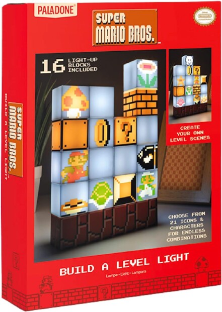 Lampe d’intérieur Super Mario Bros Build a Level Light personnalisable avec câble d’alimentation et chargeur secteur dans son emballage cartonné rétro rouge