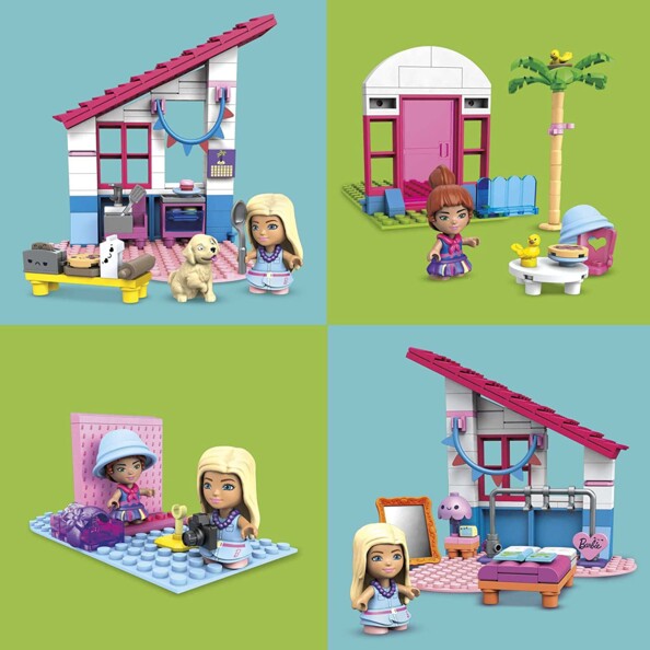 4 univers Barbie décrits en 4 images avec maison en 2 parties, plage pliable et Barbie photographe