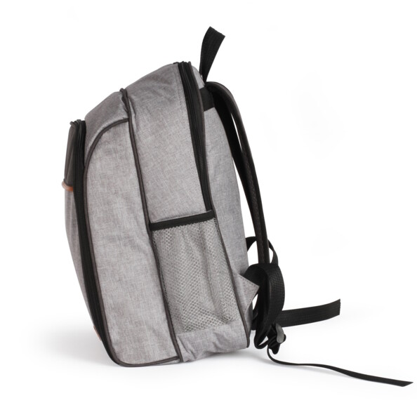 Sac de pique-nique gris vu de profil avec petite poche latérale