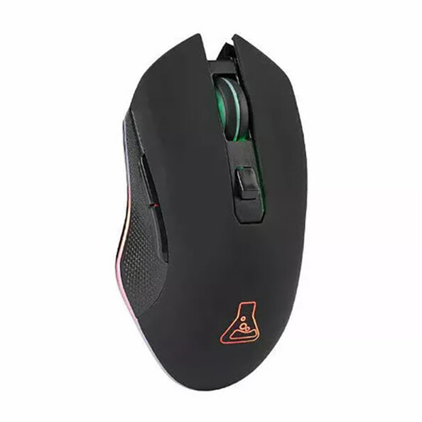 Souris gaming ergonomique The G-Lab vue de biais avec logo éclairé en rouge, revêtement doux noir, clic gauche et droit, molette et bouton de réglage