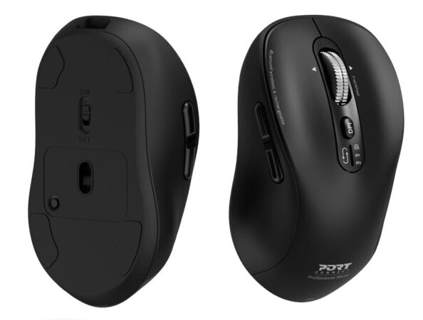 Vue du dessus et du dessous de la souris optique sans fil réglable Combo Pro Port Connect coloris noir
