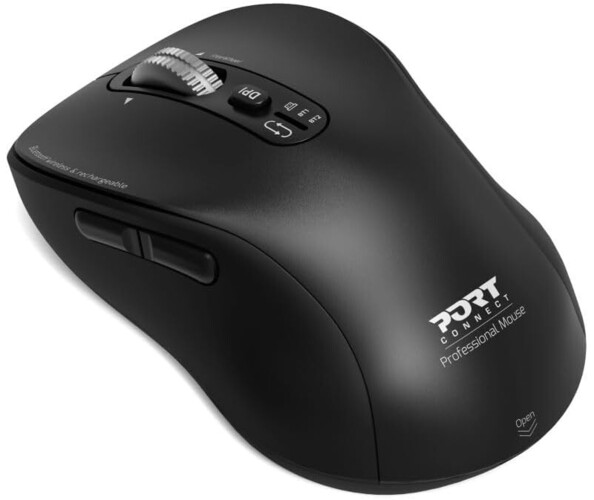 Vue du dessus de biais côté gauche de la souris sans fil Combo Pro avec bouton de réglage des DPI, molette de défilement multifonction, boutons marche avant/arrière et logo blanc Port Connect imprimé