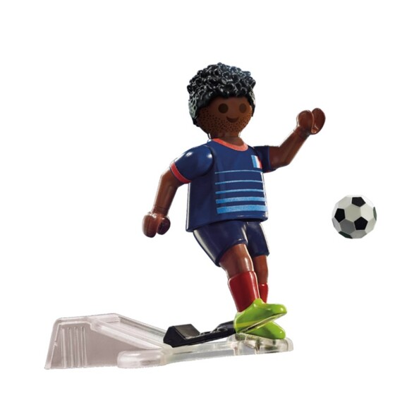 Joueur de football france playmobil sur support de tir d'un ballon