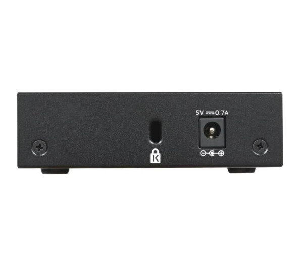 Commutateur Gigabit Ethernet non géré plat rectangulaire coloris noir vue arrière avec entrée DC 5 V / 0,7 A et encoche de sécurité antivol Kensington K-Lock