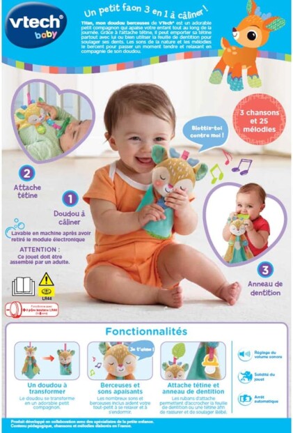 Dos packaging de la peluche doudou interactive