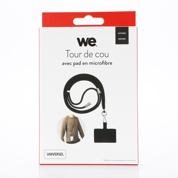 Emballage blanc et rouge du tour de cou avec pad en microfibres avec logo We et universel avec image du produit et mise en situation