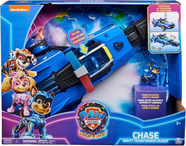 Véhicule transformable interactif Paw Patrol The Mighty Movie et sa figurine Chase dans leur emballage de présentation cartonné ouvert pour test