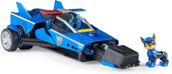 Voiture du super chiot Chase en plastique bleu style dragster avec figurine du chien à quatre pattes en tenue de mission Chase