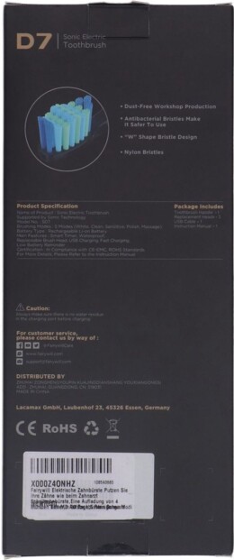 Arrière de l'emballage cartonné de la brosse à dents électrique D7-507 Fairywill avec caractéristiques techniques imprimées
