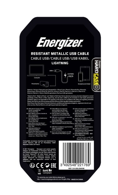 packaging arrière du Câble USB-A vers Lightning renforcé - 1,2 m Energizer