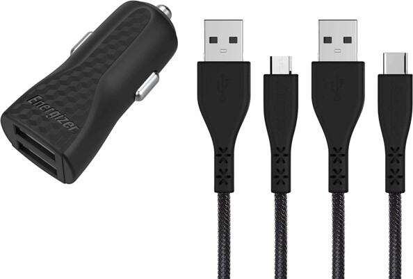 Chargeur allume-cigare universel double USB 17 W / 2,4 A avec câble USB-A vers Micro-USB et câble USB-A vers USB-C