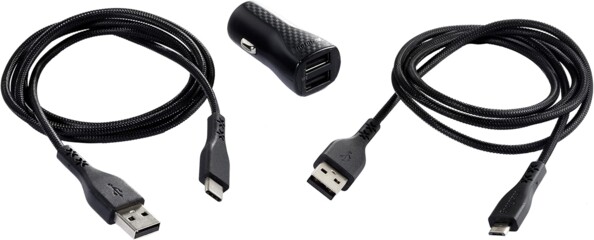 Adaptateur allume-cigare antichoc coloris noir mat avec câbles de chargement USB-A vers Micro-USB ou USB-C enroulés sur eux-mêmes