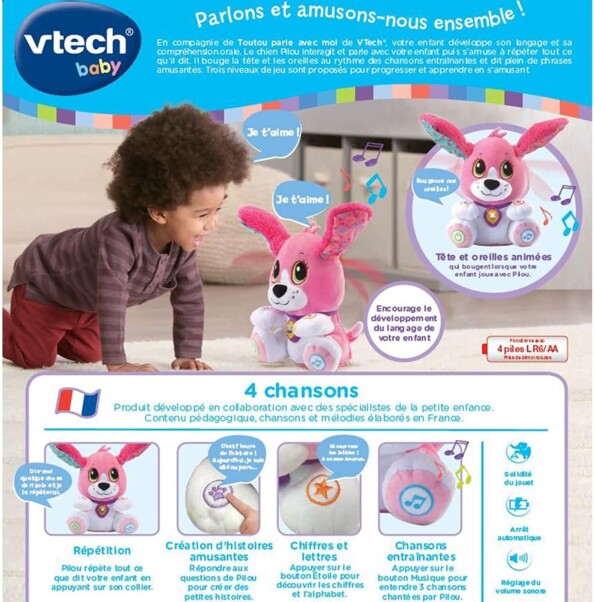 Dos de l'emballage du jouet interactif Toutou qui parle de Vtech