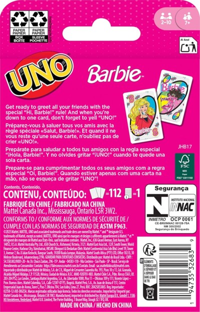 Dos du jeu de cartes intergénérationnel Barbie UNO