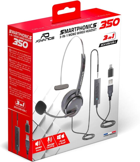 Micro-casque Smartphonics 350 avec boîtier de commande jack vers USB-A, adaptateur USB-A vers USB-C et mode d’emploi en français dans un emballage carton rouge et blanc