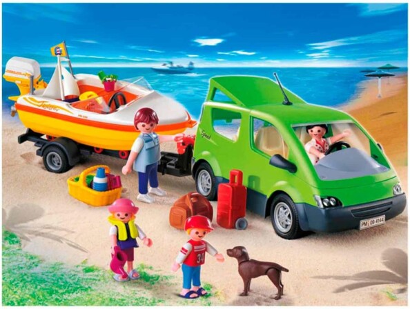 Voiture familiale avec remorque porte-bateaux et 5 figurines Playmobil