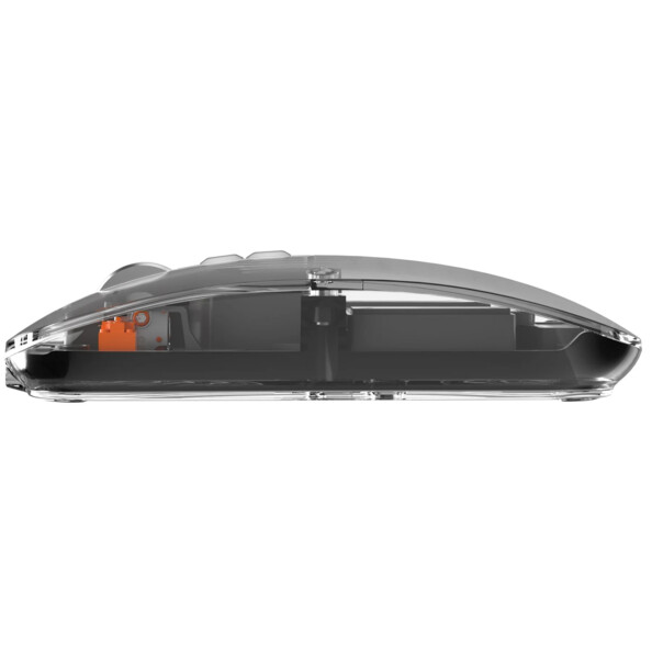 Côté gauche de la souris ergonomique plate au design modern transparent laissant apparaître sa mécanique interne