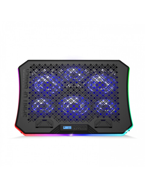 Vue du dessus de la tablette de ventilation gaming RVB avec surface en métal grillagé et 6 ventilateurs 2 tailles avec LED bleues