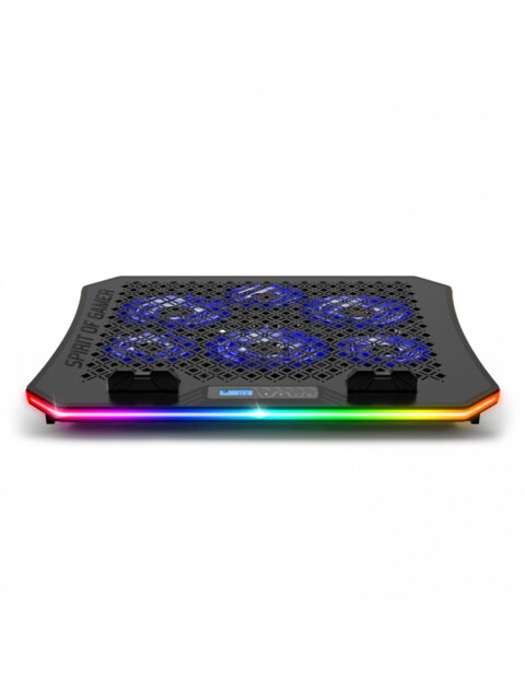 Vue de face de la tablette de ventilation pour PC portable avec écran LCD, support pour téléphone, protections antichutes, contour LED et grille d'aération
