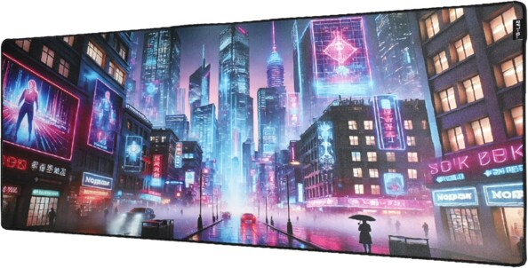Tapis de souris gaming XXL The G-Lab Cyber City avec ville cyberpunk et néons la nuit