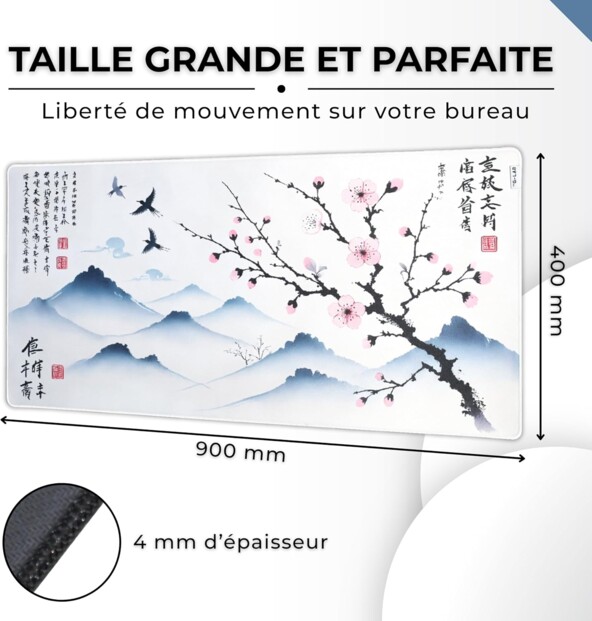 Tapis de souris XXL 900 x 400 mm à motif japonais avec montagnes et calligraphie