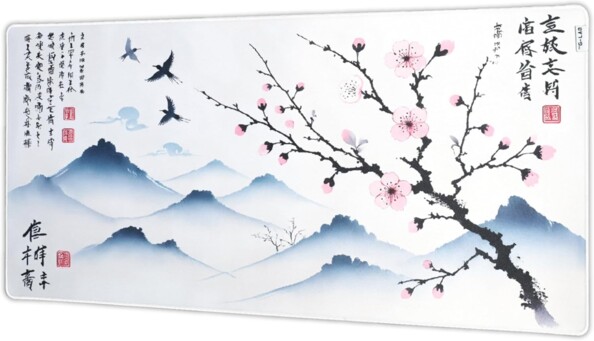 Tapis de souris gaming XXL décoré d'un paysage à l'encre de Chine avec montagnes et cerisier