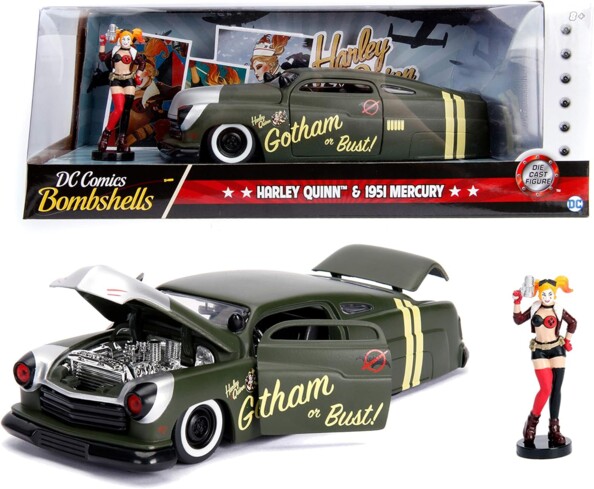 Voiture miniature Mercury 1951 avec figurine Harley Quinn