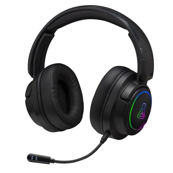 Casque gaming The G-Lab Korp Iridium noir de trois-quarts sur fond blanc