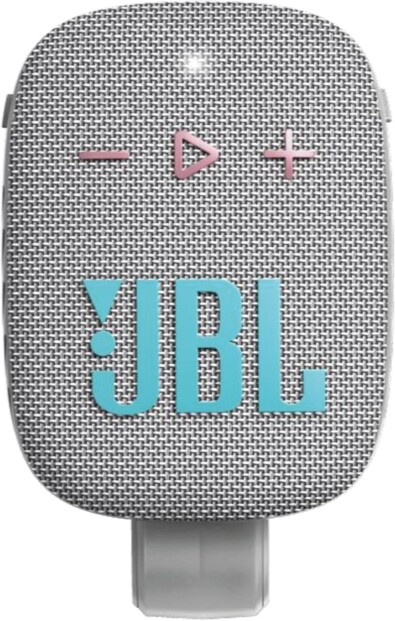 Enceinte JBL Wind 3S vue de face avec sa face tissée grise, boutons pastel et base anthracite