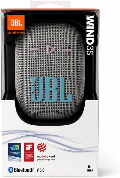 Boîte de vente à fenêtre transparente laissant voir l’enceinte grise tissée et ses accessoires