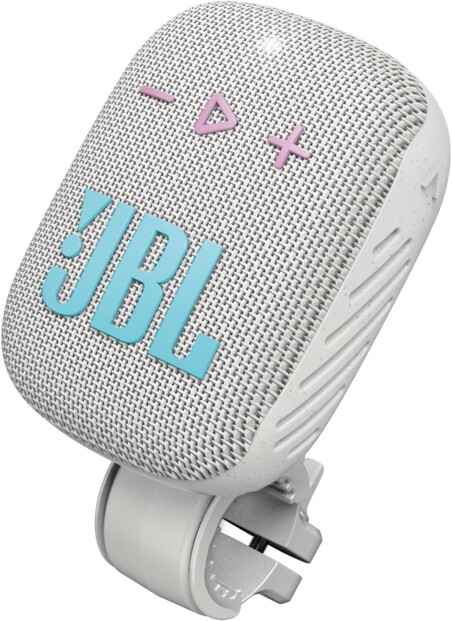 Enceinte bluetooth JBL Wind 3S grise en tissu avec logo cyan, boutons roses et clip de fixation
