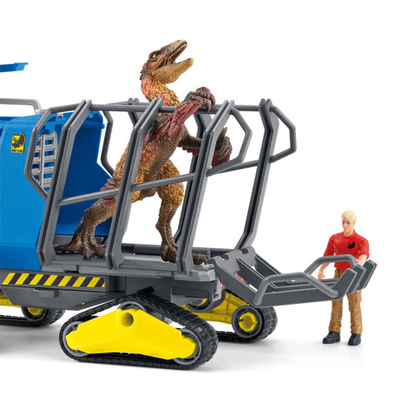 Véhicule chenillé Schleich avec le Dakotaraptor en cage et le ranger Flynn